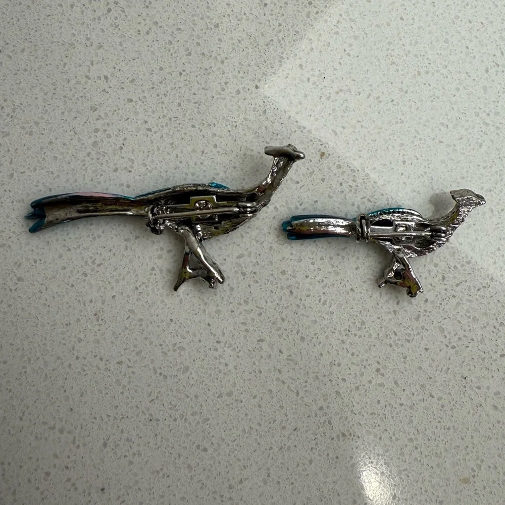 Vintage Pheasant Bird Brooches Pins Set of 2 Silver Tone Enamel Rhinestones